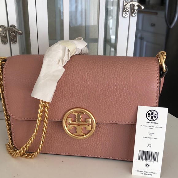 Tory Burch Thea Mini Pink Moon Pebbled Leather Web Satchel Crossbody Bag